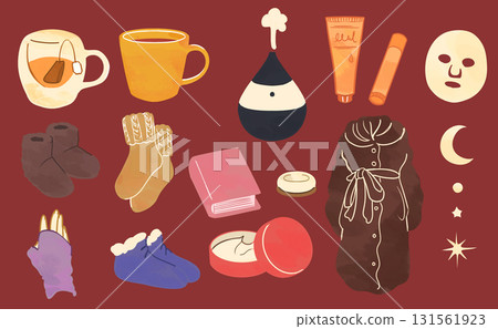 女性舒適度過寒冷冬季的室內用品 | 蓬鬆柔軟、可穿戴的毛毯、襪子、茶等等 131561923