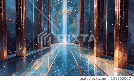 Game background: Aquamarine and gold hall corridor scenery of a futuristic temple 131562007