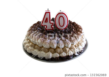 A chocolate cake with a candle on it that says 40 A chocolate cake with a candle on it that says 40 131562069