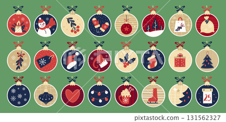 Cute Xmas balls toy with festive elements set. Advent Calendar. Countdown Christmas. New Year Traditional symbol with snowman, gift, tree, skates, hot cocoa and mistletoe. Vector illustration. Not AI 131562327