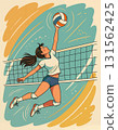 female volleyball player in action, leaping to hit the ball over the net. Artistic cartoon style flat design colorful sport game illustration with woman playing volleyball.  131562425