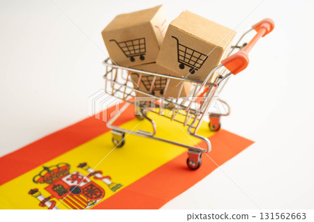 Online shopping, Shopping cart box on Spain flag, import export, finance commerce. 131562663