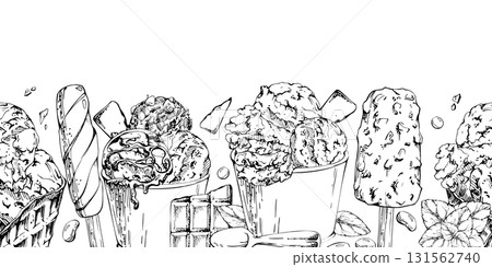 Popsicle ice cream bar lolly, chocolate chip mint and nuts gelato with cocoa flakes icing, syrup drizzle in waffle cone and paper cup, hand drawn in vector ink. graphic seamless banner header border. 131562740