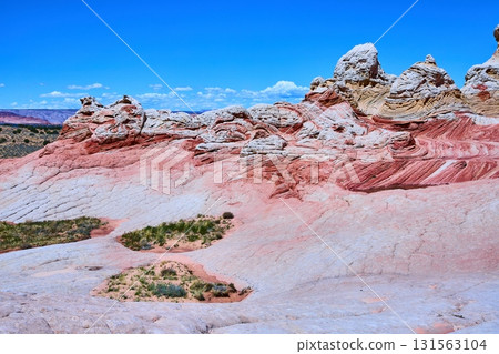 Swirling Sandstone Layers and Rock Pinnacles Under Blue Sky White Pocket Arizona 131563104