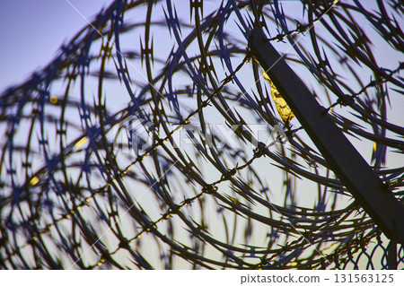 Barbed wire fence in Las Vegas Nevada with urban background and clear blue sky 131563125
