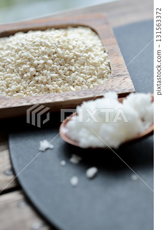 Making Shio Koji with Dried Koji and Coarse Salt: Ingredients before mixing 131563372