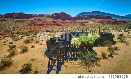Aerial Old Wooden Corral and Red Rock Desert Landscape Nevada Aerial Old Wooden Corral and Red Rock Desert Landscape Nevada 131563376