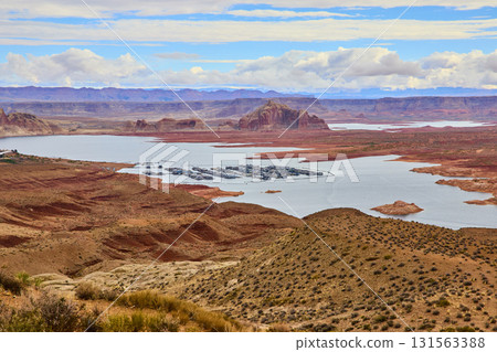 Lake Powell Marina and Red Rock Mesas with Houseboats Panoramic Overlook Lake Powell Marina and Red Rock Mesas with Houseboats Panoramic Overlook 131563388