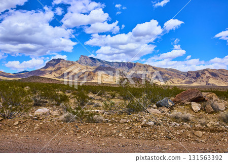 Desert Mountains and Blue Sky with Rocky Foreground in Nevada 131563392