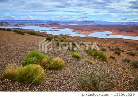 Lake Powell Desert Shoreline with Mesas and Blue Water from Wahweap Overlook Lake Powell Desert Shoreline with Mesas and Blue Water from Wahweap Overlook 131563529