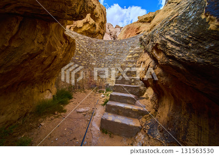 Stone Staircase and Historic Cistern Among Red Rock Formations in Desert Canyon 131563530