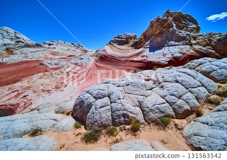 White Pocket Sandstone Formations and Cracked Rock Mounds under Blue Sky Arizona White Pocket Sandstone Formations and Cracked Rock Mounds under Blue Sky Arizona 131563542