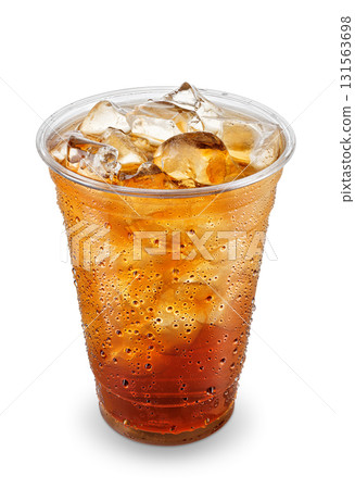 Iced tea in fogged disposable plastic cup isolated on white background 131563698