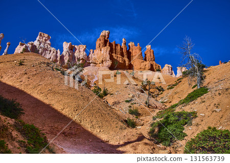 Bryce Canyon Hoodoo Formations Rugged Orange Landscape and Blue Sky Utah Bryce Canyon Hoodoo Formations Rugged Orange Landscape and Blue Sky Utah 131563739