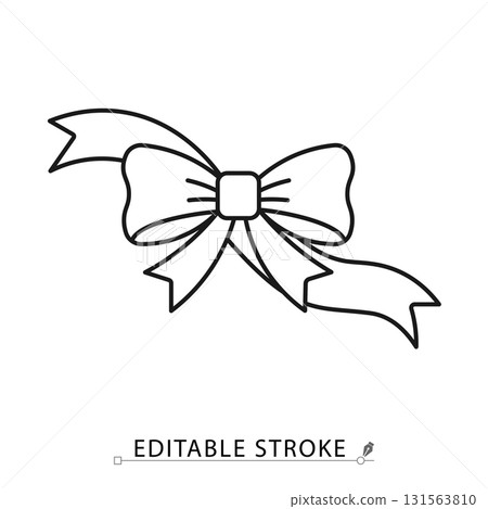 A decorative ribbon bow icon in a minimalist line style with editable stroke. Gift wrapping, celebration decoration, birthday surprise, holiday present, wedding party accessory. A decorative ribbon bow icon in a minimalist line style with editable stroke. Gift wrapping, celebration decoration, birthday surprise, holiday present, wedding party accessory. 131563810