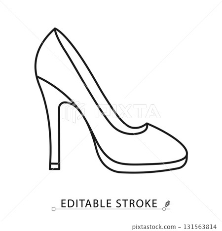 A high heel shoe icon in a minimalist line style with editable stroke. Woman fashion accessory, elegant footwear, female glamour style, wedding party clothing, formal event shoe. 131563814