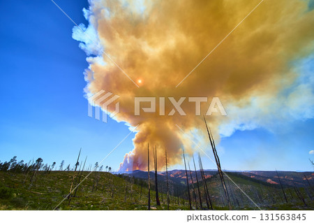 Forest Fire Smoke Plume Over Mountain Landscape With Dead Trees And Blue Sky 131563845