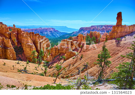 Bryce Canyon Hoodoos Red Rock Formations and Pine Trees Under Bright Blue Sky 131564023