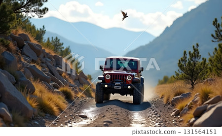 Outdoor Expedition Illustration Showing Vehicle Adventure in Mountain Wilderness 131564151
