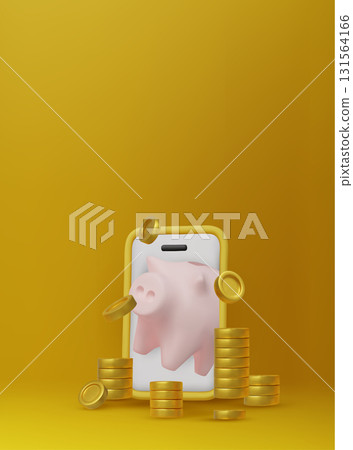 3D piggy bank with a smartphone and gold coins. A modern concept for mobile banking, digital savings, and fintech apps. 3D piggy bank with a smartphone and gold coins. A modern concept for mobile banking, digital savings, and fintech apps. 131564166