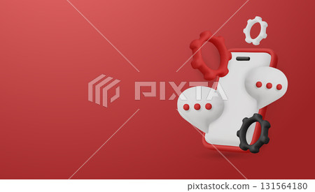 3D smartphone with chat bubbles and gears. A concept for customer support, chatbot services, and technical assistance. 131564180