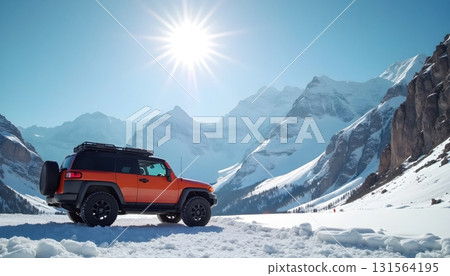 Adventure SUV Parked Under Bright Sun Beside Tall Snowy Mountain 131564195