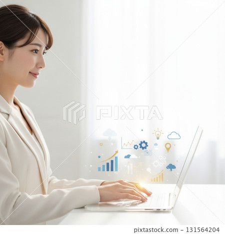Business scene: A female office worker operating a computer and business icons in a modern white office Business scene: A female office worker operating a computer and business icons in a modern white office 131564204