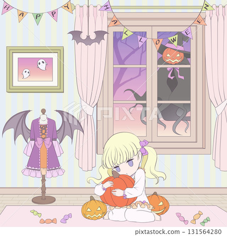 A child's room on Halloween. A girl hugging a pumpkin and a jack-o'-lantern watching over her. 131564280