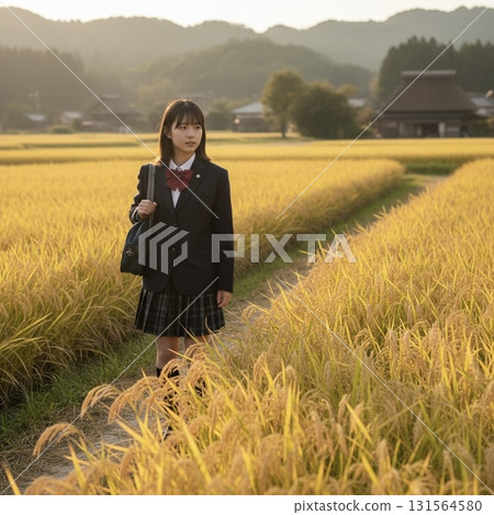 High school girl walking through rice field 131564580