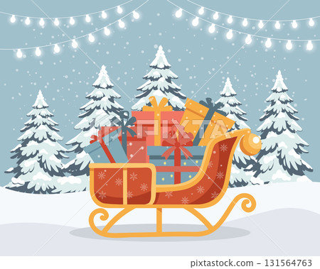 Santas sleigh with presents in a winter forest. Christmas sleigh with presents in a snowy winter scene. Illustration. 131564763
