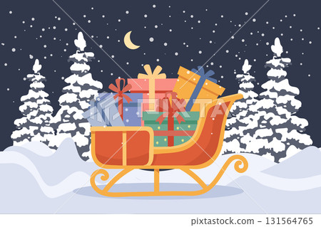 Santas sleigh with presents in a winter forest. Christmas sleigh with presents in a snowy winter scene. Illustration. Santas sleigh with presents in a winter forest. Christmas sleigh with presents in a snowy winter scene. Illustration. 131564765