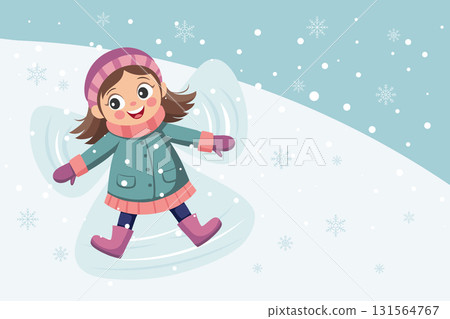 Happy child makes snow angels on a snowy day. Cute girl in the snow. Illustration. Happy child makes snow angels on a snowy day. Cute girl in the snow. Illustration. 131564767