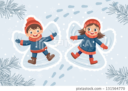 Children making snow angels on a snowy day. Cute little boy and girl in the snow. Illustration. 131564770