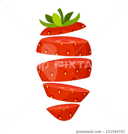 Sliced strawberry, separated into several layers. Flying fresh strawberry slices. Hand drawn flat style isolated 131564781