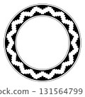 Circle frame with stepped pattern. A decorative border with seamless repeated staircase-like motif, similar to step pyramids or battlements, as it was used by Native Americans. Black and white. Vector 131564799