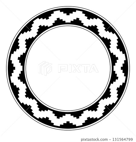 Circle frame with stepped pattern. A decorative border with seamless repeated staircase-like motif, similar to step pyramids or battlements, as it was used by Native Americans. Black and white. Vector 131564799