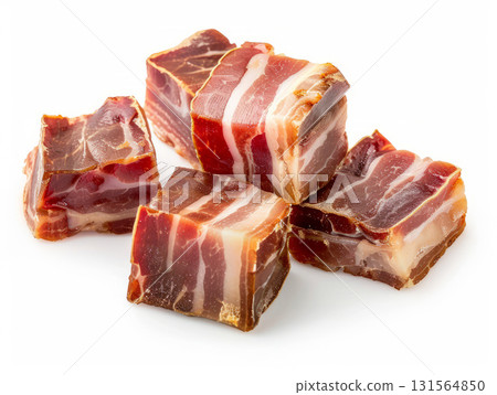 Cubes of Italian cured pancetta bacon isolated on white 131564850