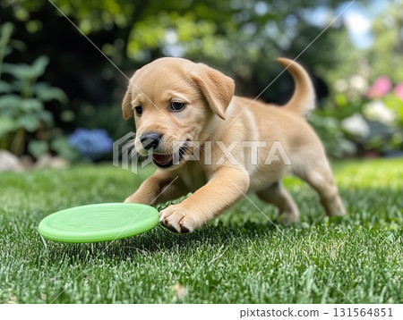 Happy young dog chasing a frisbee 131564851