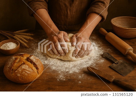 Hands kneading bread dough | Warm scenes of bakery and homemade bread 131565120