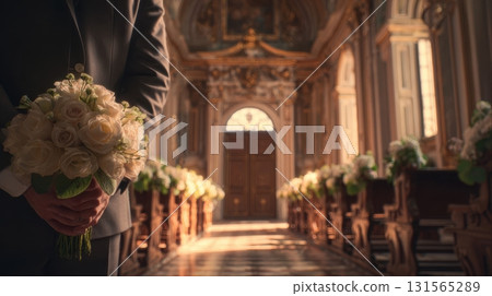 First-person groom view holding wedding bouquet inside elegant flower-decorated church aisle 131565289