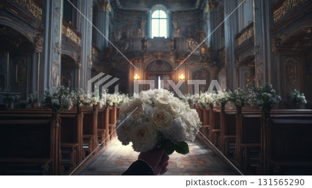 First-person groom view holding wedding bouquet inside elegant flower-decorated church aisle 131565290