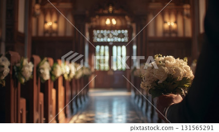 First-person groom view holding wedding bouquet inside elegant flower-decorated church aisle 131565291