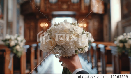 First-person groom view holding wedding bouquet inside elegant flower-decorated church aisle 131565299