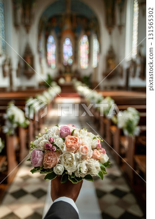 First-person groom view holding wedding bouquet inside elegant flower-decorated church aisle 131565302