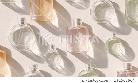 Flat lay display of various perfume bottles highlighting unique scents and styles for self-care 131565604