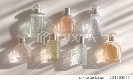 Flat lay display features various perfume bottles highlighting unisex aromatic fragrances for self-care 131565605