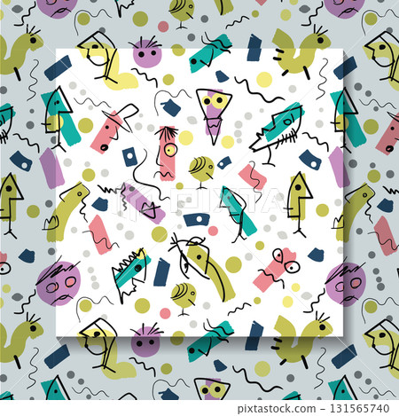 Illustration simple drawing, doodle art kid style. Abstract graphic design, seamless vector pattern with colorful and cute cartoon portrait  131565740