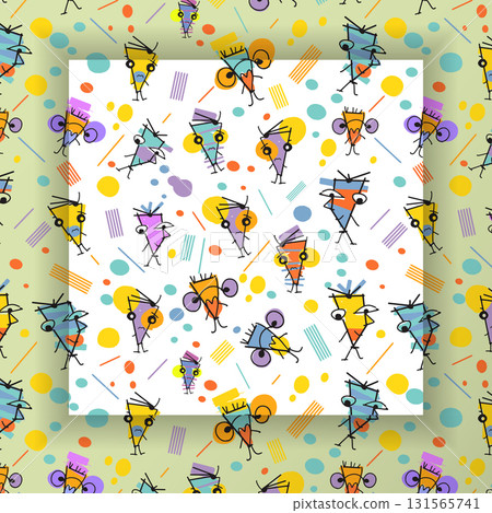 Illustration simple drawing, doodle art kid style. Abstract graphic design, seamless vector pattern with colorful and cute cartoon portrait  131565741