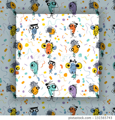 Illustration simple drawing, doodle art kid style. Abstract graphic design, seamless vector pattern with colorful and cute cartoon portrait  131565743