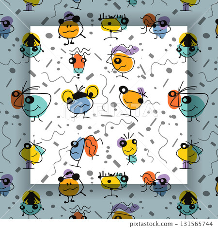 Illustration simple drawing, doodle art kid style. Abstract graphic design, seamless vector pattern with colorful and cute cartoon portrait  131565744